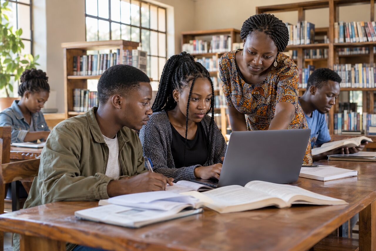 Learners using books and a shared laptop with help from a librarian. — AI-generated illustrative scene