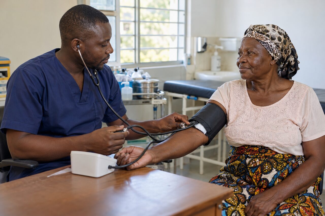 A nurse checking an older woman’s blood pressure in a community clinic. — AI-generated illustrative scene