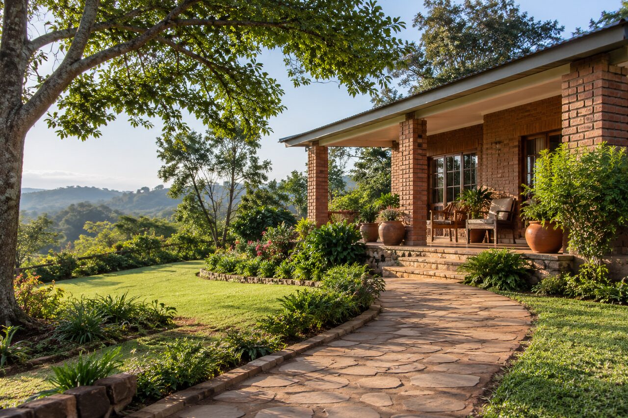 A garden path leading to a simple countryside guesthouse veranda. — AI-generated illustrative scene