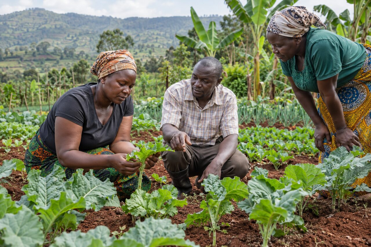 Farmers examining leafy crops together in a green demonstration garden. — AI-generated illustrative scene
