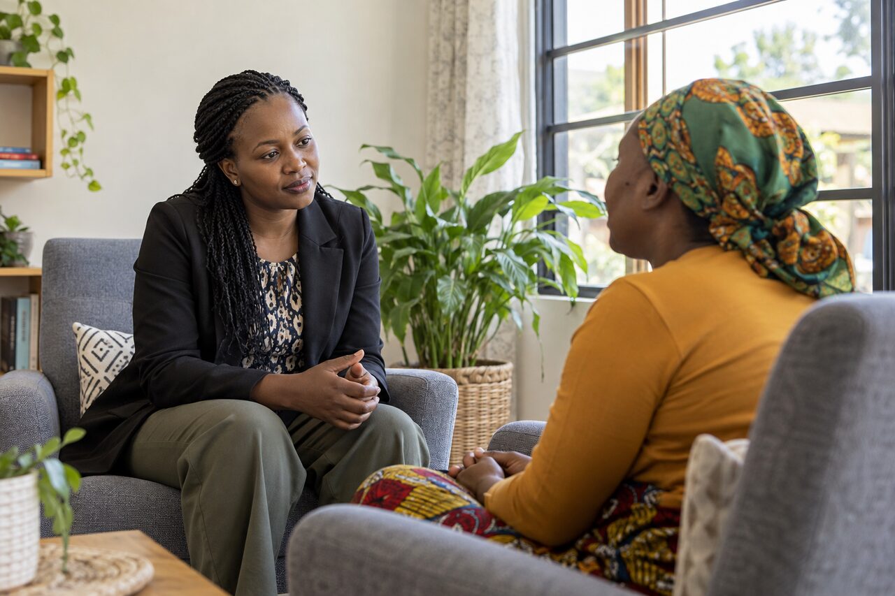 Two women having a calm, private conversation in a welcoming room. — AI-generated illustrative scene