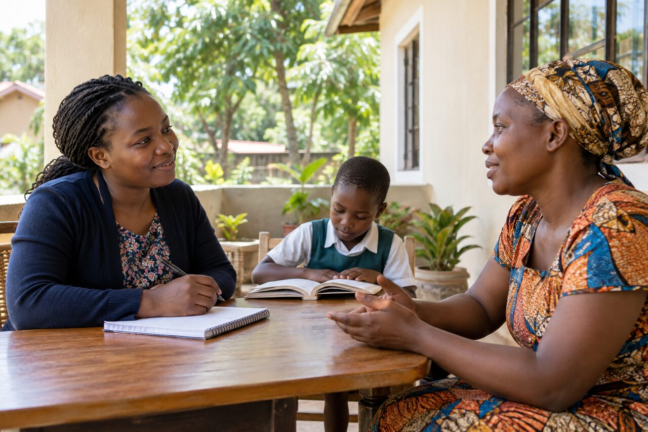 A community worker listening to a mother while her child reads on a shaded veranda. — AI-generated illustrative scene