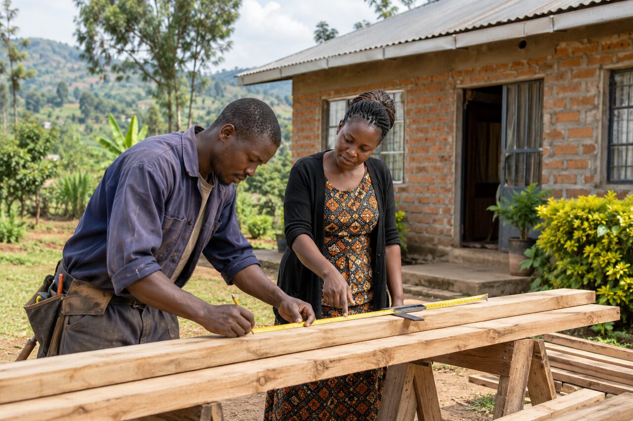 A carpenter and homeowner discussing repairs beside a brick home. — AI-generated illustrative scene