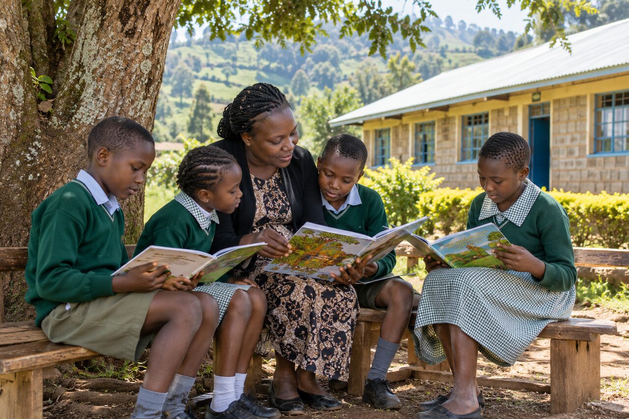 A teacher sharing books with children beneath a tree beside a classroom. — AI-generated illustrative scene