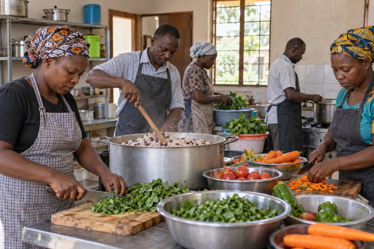 Community volunteers preparing vegetables and a shared meal in a clean kitchen. — AI-generated illustrative scene
