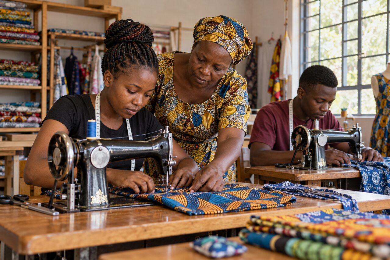 Young adults practising tailoring with an experienced mentor. — AI-generated illustrative scene