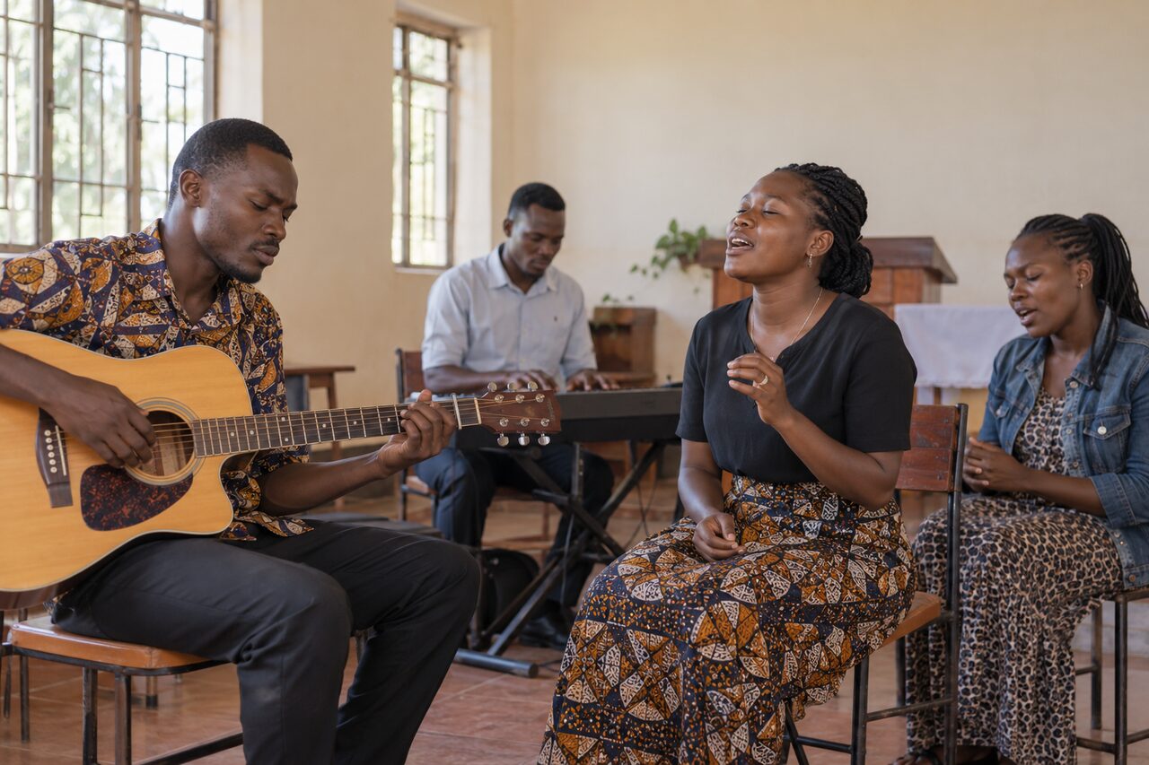 Musicians rehearsing together in a modest community church room. — AI-generated illustrative scene